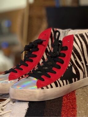 Zebra Print High-Top Sneakers with Red Accents